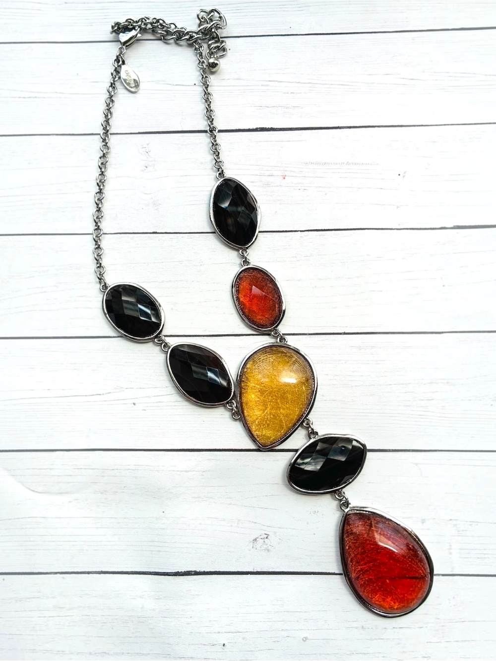 NEW NWOT Chico's Silver-Tone Y Necklace with Amber Glass Teardrops Fall Colors
